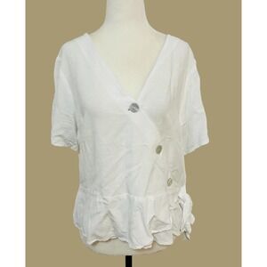Lily Morgan White‎ Wrap Top Ruffle Hem Button Short Sleeve Blouse L/G